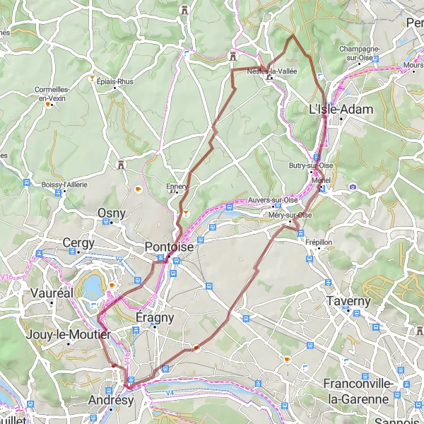 Map miniature of "Around Vexin" cycling inspiration in Ile-de-France, France. Generated by Tarmacs.app cycling route planner