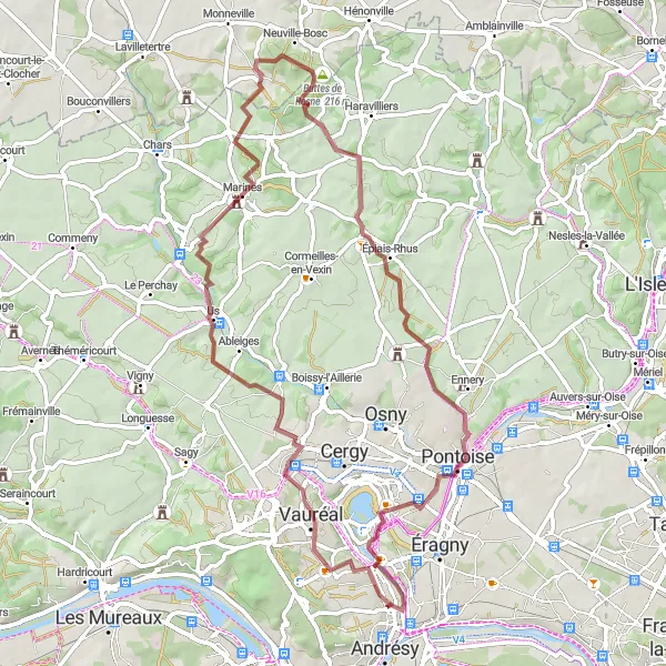 Map miniature of "Exploring the Val d'Oise" cycling inspiration in Ile-de-France, France. Generated by Tarmacs.app cycling route planner
