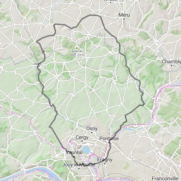 Miniature de la carte de l'inspiration cycliste "Parcours autour de Jouy-le-Moutier" dans la Ile-de-France, France. Générée par le planificateur d'itinéraire cycliste Tarmacs.app