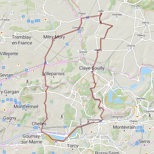 Map miniature of "Courtry Gravel Adventure" cycling inspiration in Ile-de-France, France. Generated by Tarmacs.app cycling route planner