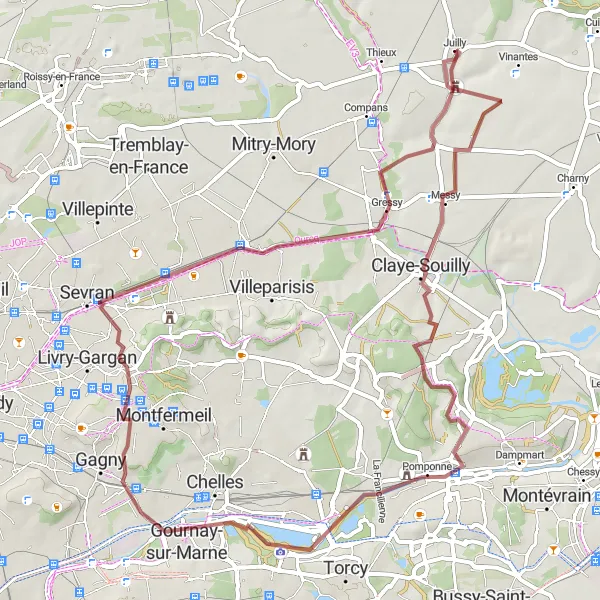 Miniature de la carte de l'inspiration cycliste "Tour de Châteaux en Seine-et-Marne" dans la Ile-de-France, France. Générée par le planificateur d'itinéraire cycliste Tarmacs.app