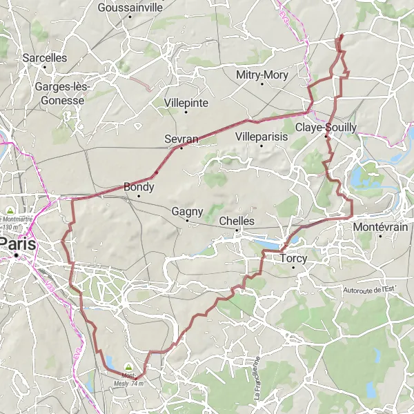 Map miniature of "The Gravel Route to Sevran" cycling inspiration in Ile-de-France, France. Generated by Tarmacs.app cycling route planner