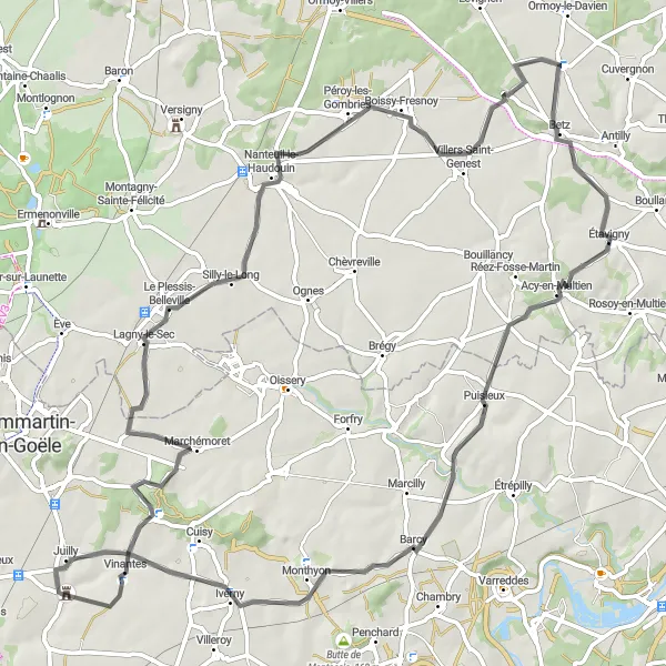 Miniature de la carte de l'inspiration cycliste "Les Chemins de l'Est" dans la Ile-de-France, France. Générée par le planificateur d'itinéraire cycliste Tarmacs.app