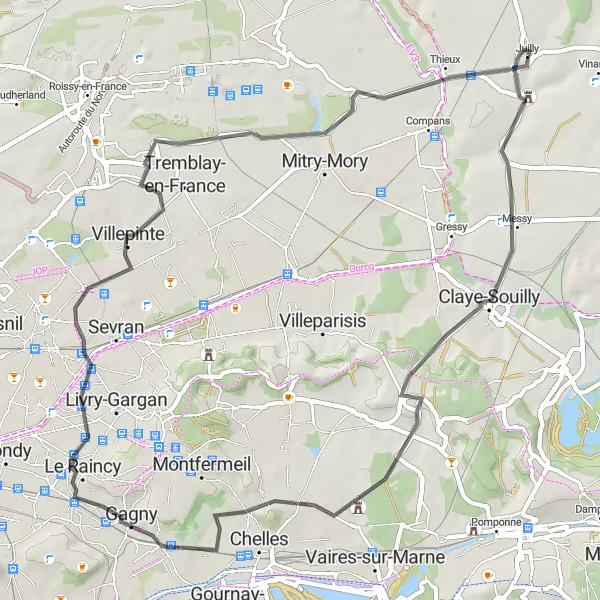 Map miniature of "Picturesque Road Cycling Route near Juilly" cycling inspiration in Ile-de-France, France. Generated by Tarmacs.app cycling route planner