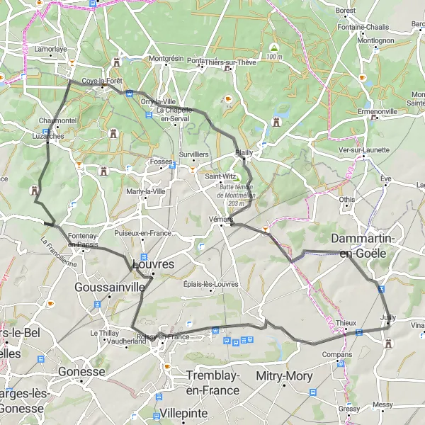 Map miniature of "Challenging Road Cycling Route from Juilly" cycling inspiration in Ile-de-France, France. Generated by Tarmacs.app cycling route planner