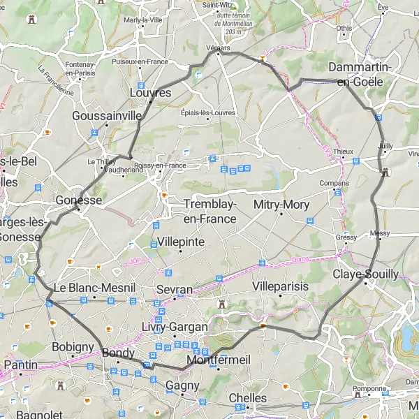 Map miniature of "The Road to Moussy-le-Vieux" cycling inspiration in Ile-de-France, France. Generated by Tarmacs.app cycling route planner