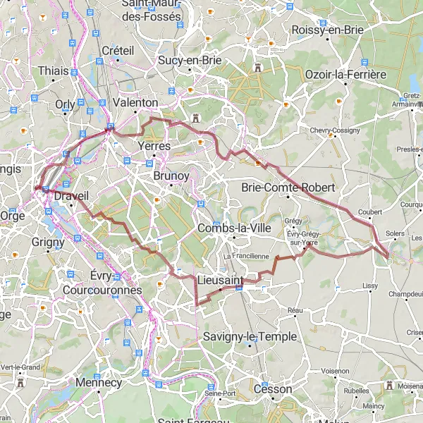 Map miniature of "The Orge Valley Gravel Adventure" cycling inspiration in Ile-de-France, France. Generated by Tarmacs.app cycling route planner