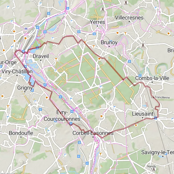 Map miniature of "Gravel Route to Observe Vallées de l'Orge et de la Seine" cycling inspiration in Ile-de-France, France. Generated by Tarmacs.app cycling route planner