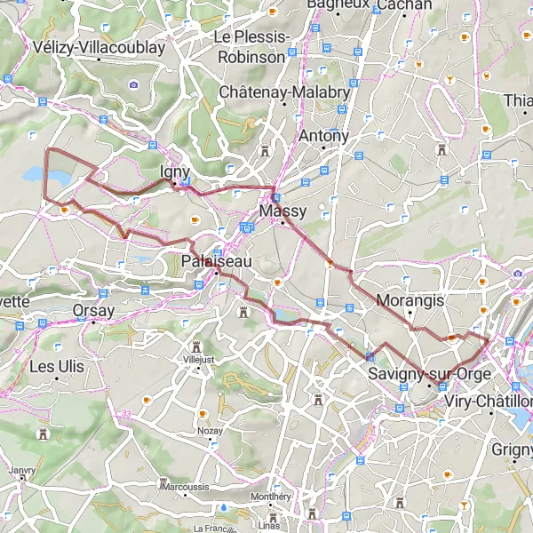 Map miniature of "Scenic Gravel Adventure near Vallées de l'Orge et de la Seine" cycling inspiration in Ile-de-France, France. Generated by Tarmacs.app cycling route planner