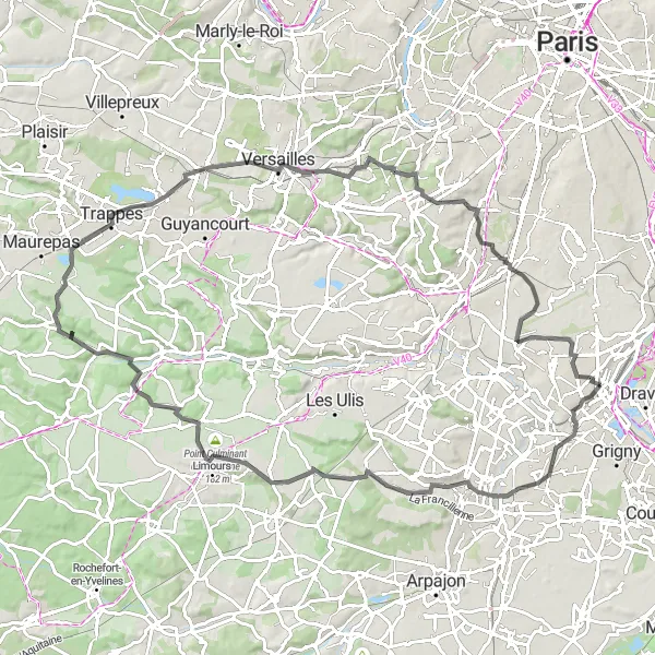 Map miniature of "Road Cycling Adventure with Stunning Views" cycling inspiration in Ile-de-France, France. Generated by Tarmacs.app cycling route planner