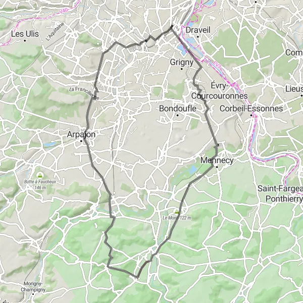 Map miniature of "The Orge Valley Road Challenge" cycling inspiration in Ile-de-France, France. Generated by Tarmacs.app cycling route planner