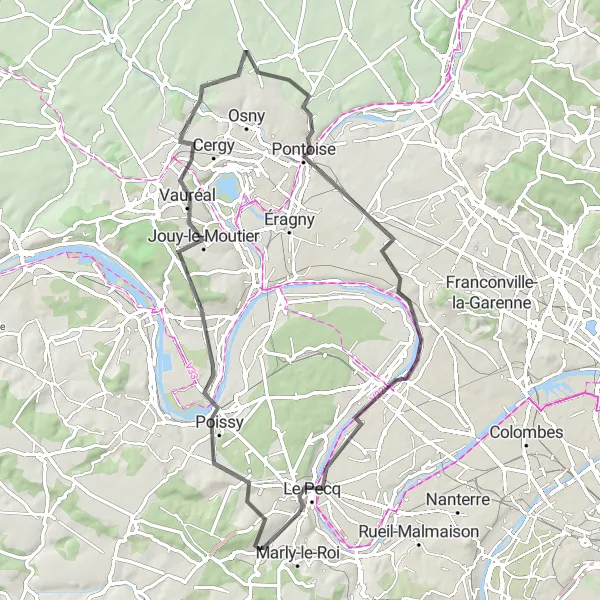 Map miniature of "Road to Pontoise" cycling inspiration in Ile-de-France, France. Generated by Tarmacs.app cycling route planner