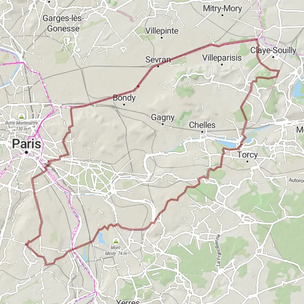 Map miniature of "The Gravel Odyssey" cycling inspiration in Ile-de-France, France. Generated by Tarmacs.app cycling route planner