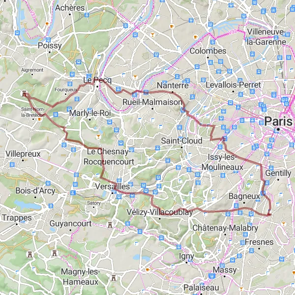 Map miniature of "The Scenic Gravel Escape" cycling inspiration in Ile-de-France, France. Generated by Tarmacs.app cycling route planner