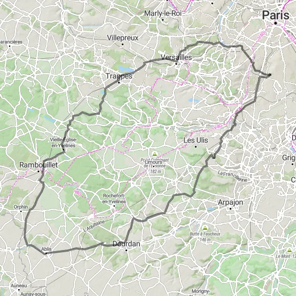 Map miniature of "Cascades and Labyrinthe" cycling inspiration in Ile-de-France, France. Generated by Tarmacs.app cycling route planner