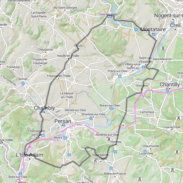 Map miniature of "Countryside Road Cycling Experience" cycling inspiration in Ile-de-France, France. Generated by Tarmacs.app cycling route planner