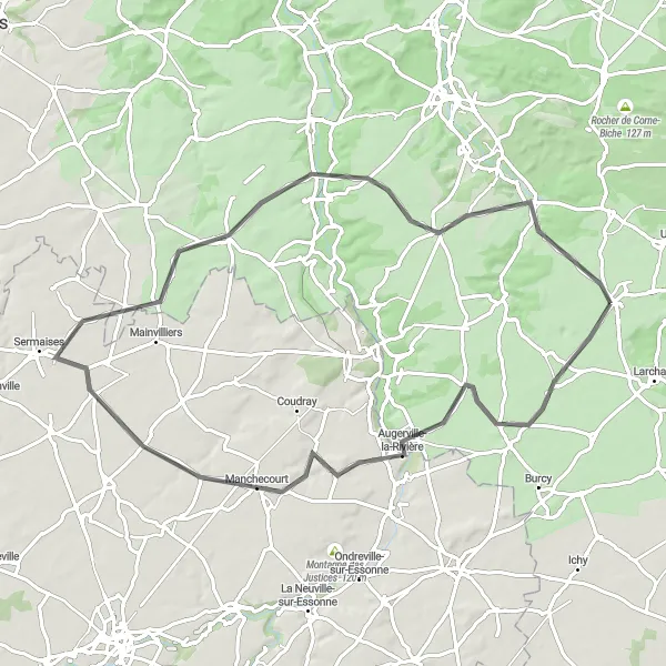 Miniature de la carte de l'inspiration cycliste "Les Vallées de l'Essonne" dans la Ile-de-France, France. Générée par le planificateur d'itinéraire cycliste Tarmacs.app