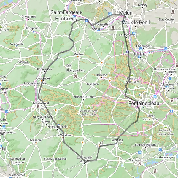 Map miniature of "Enchanting Fontainebleau Road Trip" cycling inspiration in Ile-de-France, France. Generated by Tarmacs.app cycling route planner