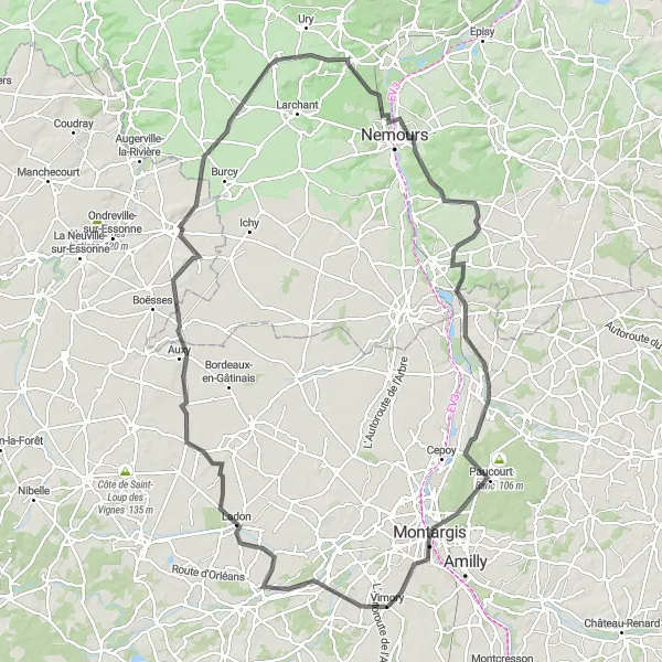 Map miniature of "Heart of Loiret" cycling inspiration in Ile-de-France, France. Generated by Tarmacs.app cycling route planner