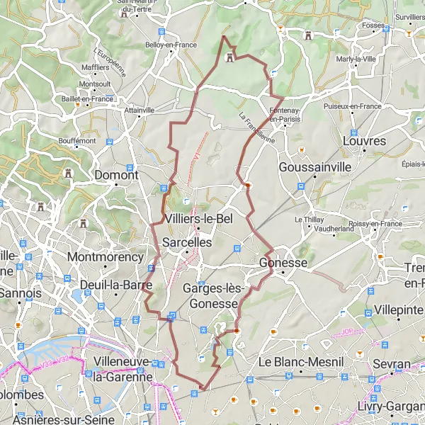 Map miniature of "The Gravel Escape" cycling inspiration in Ile-de-France, France. Generated by Tarmacs.app cycling route planner