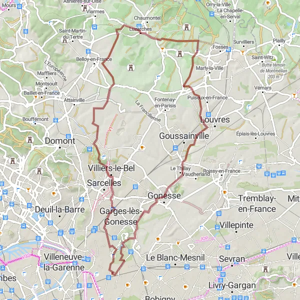 Miniature de la carte de l'inspiration cycliste "Exploration de la Campagne Française" dans la Ile-de-France, France. Générée par le planificateur d'itinéraire cycliste Tarmacs.app
