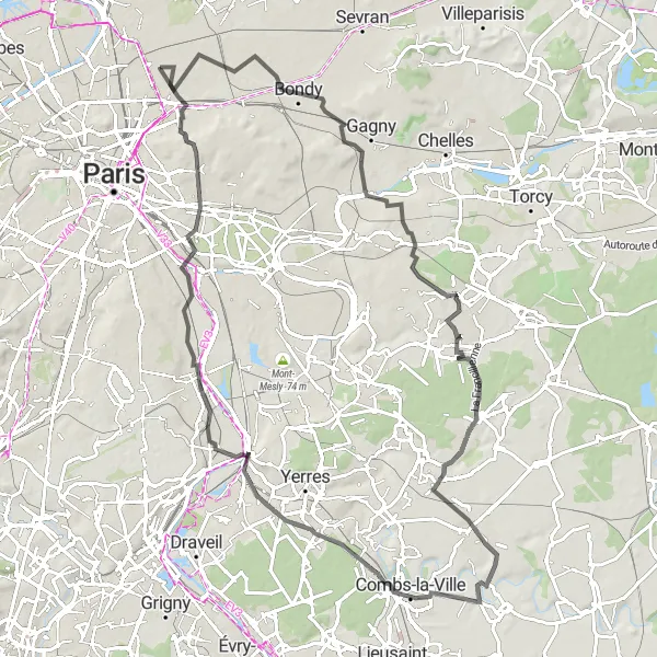 Miniature de la carte de l'inspiration cycliste "Parcours des Châteaux et des Villages" dans la Ile-de-France, France. Générée par le planificateur d'itinéraire cycliste Tarmacs.app