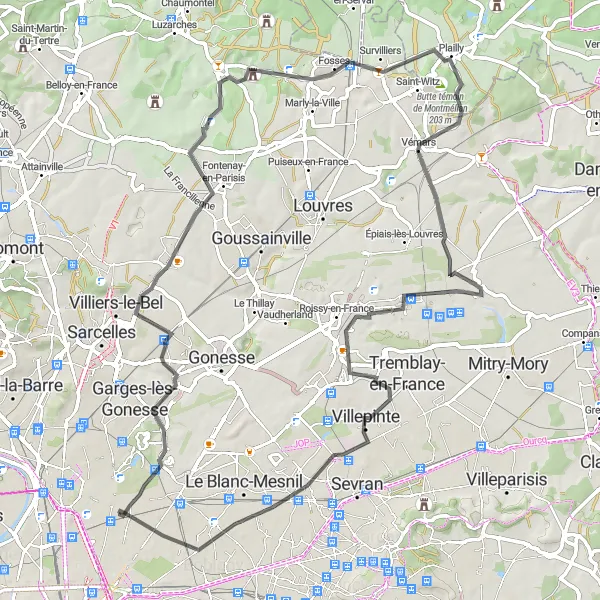 Miniature de la carte de l'inspiration cycliste "La Route des Buttes" dans la Ile-de-France, France. Générée par le planificateur d'itinéraire cycliste Tarmacs.app