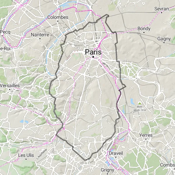 Map miniature of "La Courneuve - Bagnolet Loop" cycling inspiration in Ile-de-France, France. Generated by Tarmacs.app cycling route planner