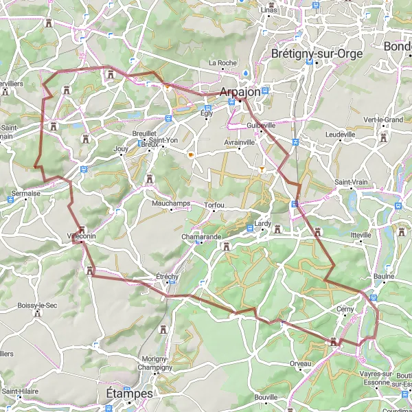 Map miniature of "Scenic Gravel Adventure near La Ferté-Alais" cycling inspiration in Ile-de-France, France. Generated by Tarmacs.app cycling route planner