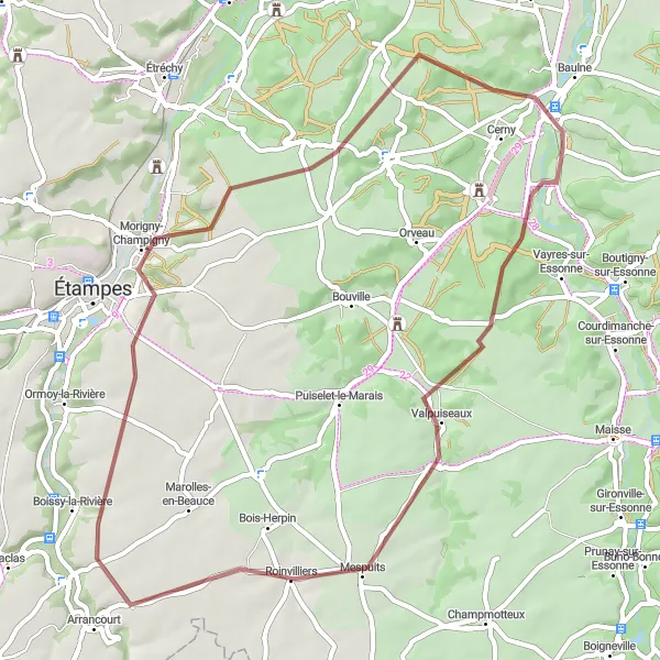 Map miniature of "Valpuiseaux Gravel Loop" cycling inspiration in Ile-de-France, France. Generated by Tarmacs.app cycling route planner