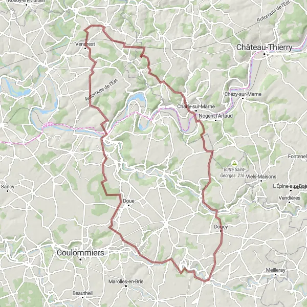 Map miniature of "Gravel Tour through Châteaux Valleys" cycling inspiration in Ile-de-France, France. Generated by Tarmacs.app cycling route planner