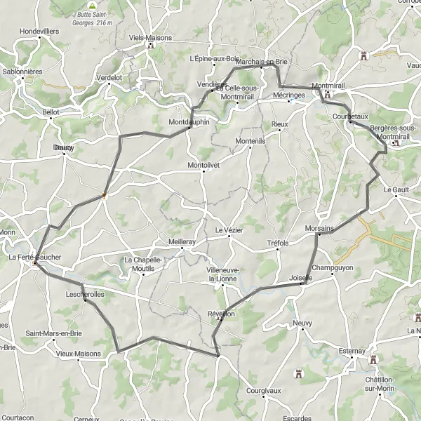 Miniature de la carte de l'inspiration cycliste "La Ferté-Gaucher to Lescherolles Road Cycling Route" dans la Ile-de-France, France. Générée par le planificateur d'itinéraire cycliste Tarmacs.app