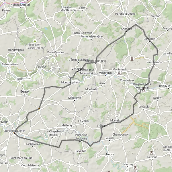 Map miniature of "Champagne Vineyards Road Cycling Loop" cycling inspiration in Ile-de-France, France. Generated by Tarmacs.app cycling route planner