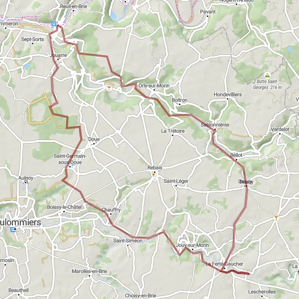 Map miniature of "Scenic Gravel Ride through La Ferté-sous-Jouarre" cycling inspiration in Ile-de-France, France. Generated by Tarmacs.app cycling route planner