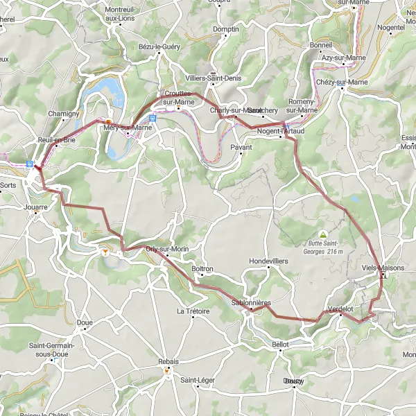 Map miniature of "La Ferté-sous-Jouarre Gravel Loop" cycling inspiration in Ile-de-France, France. Generated by Tarmacs.app cycling route planner