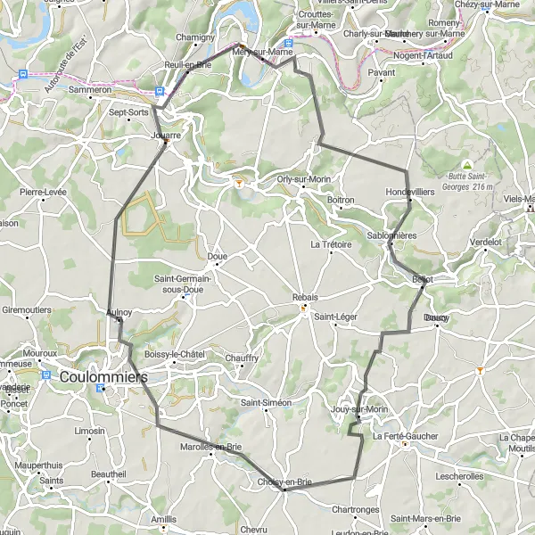 Map miniature of "Road Cycling Adventure near La Ferté-sous-Jouarre" cycling inspiration in Ile-de-France, France. Generated by Tarmacs.app cycling route planner