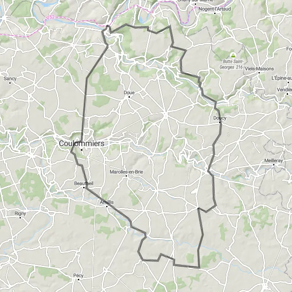 Map miniature of "The Scenic Countryside" cycling inspiration in Ile-de-France, France. Generated by Tarmacs.app cycling route planner