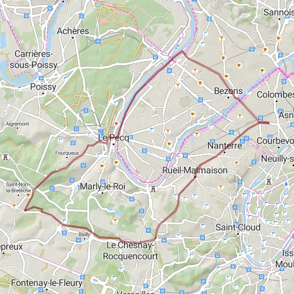 Map miniature of "Exploring the Western Outskirts: Gravel Cycling around La Garenne-Colombes" cycling inspiration in Ile-de-France, France. Generated by Tarmacs.app cycling route planner