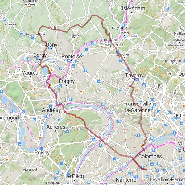 Miniature de la carte de l'inspiration cycliste "Boucle des étangs du Vexin" dans la Ile-de-France, France. Générée par le planificateur d'itinéraire cycliste Tarmacs.app