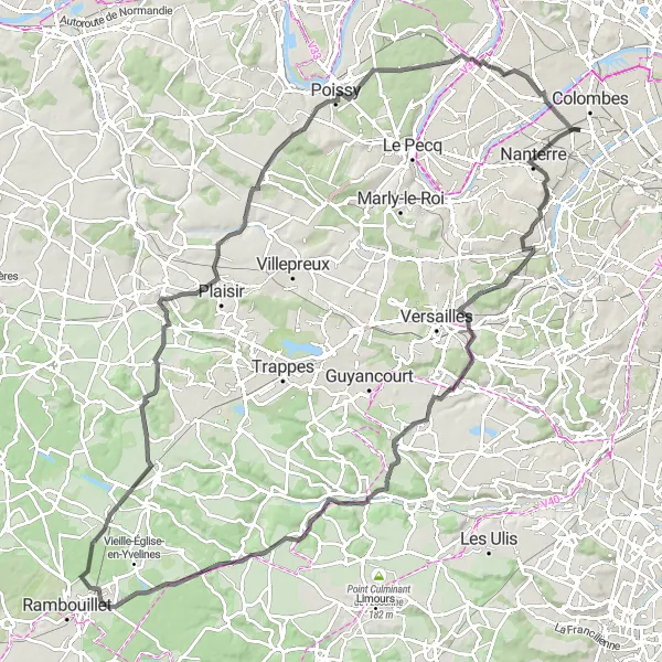 Miniature de la carte de l'inspiration cycliste "Circuit des châteaux de l'Ouest parisien" dans la Ile-de-France, France. Générée par le planificateur d'itinéraire cycliste Tarmacs.app