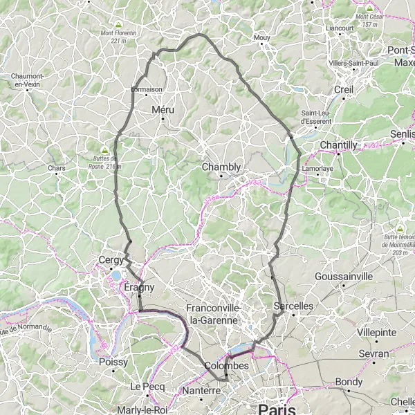 Miniature de la carte de l'inspiration cycliste "Route des Coteaux" dans la Ile-de-France, France. Générée par le planificateur d'itinéraire cycliste Tarmacs.app
