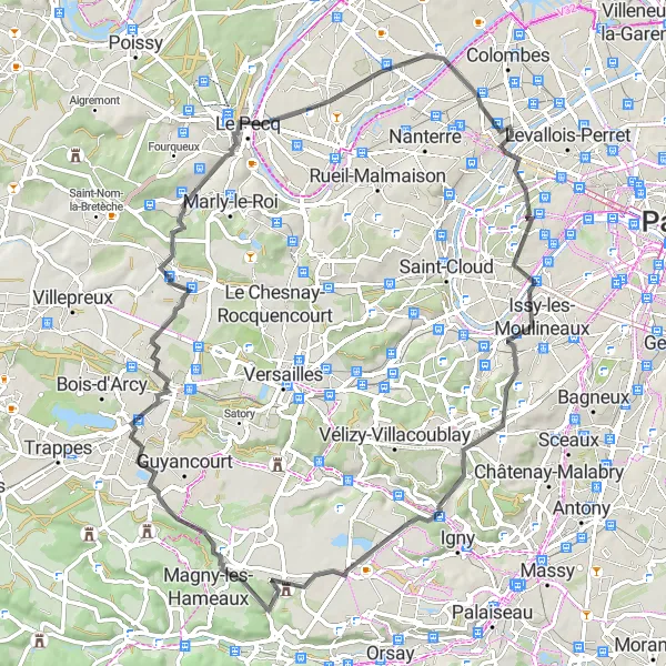 Map miniature of "La Garenne-Colombes and surroundings road cycling route" cycling inspiration in Ile-de-France, France. Generated by Tarmacs.app cycling route planner