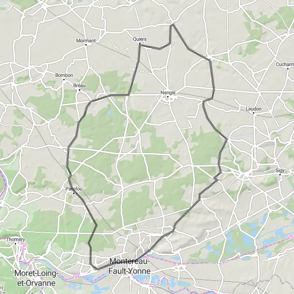 Map miniature of "The Valence-en-Brie Loop" cycling inspiration in Ile-de-France, France. Generated by Tarmacs.app cycling route planner