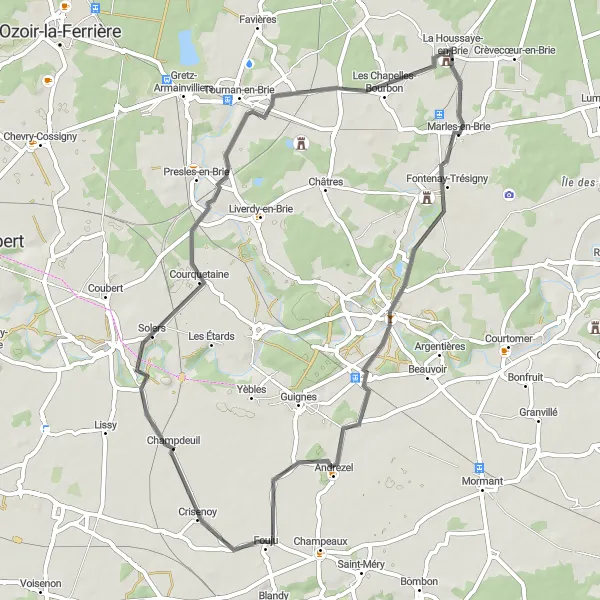 Miniature de la carte de l'inspiration cycliste "La Boucle des Châteaux" dans la Ile-de-France, France. Générée par le planificateur d'itinéraire cycliste Tarmacs.app