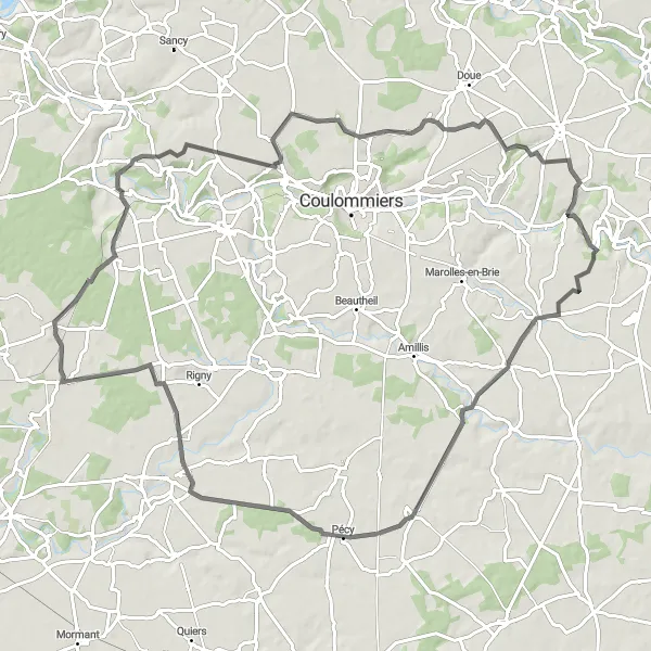 Miniature de la carte de l'inspiration cycliste "Escapade à Rozay-en-Brie" dans la Ile-de-France, France. Générée par le planificateur d'itinéraire cycliste Tarmacs.app