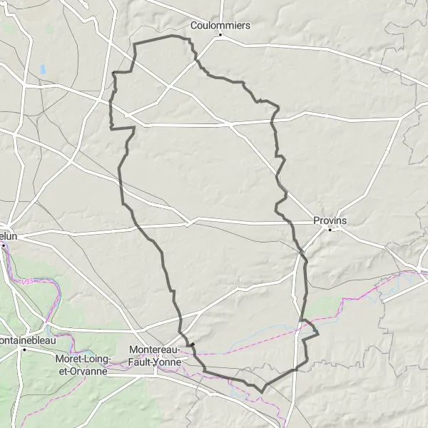 Miniature de la carte de l'inspiration cycliste "Tour des Clochers Provinciaux" dans la Ile-de-France, France. Générée par le planificateur d'itinéraire cycliste Tarmacs.app