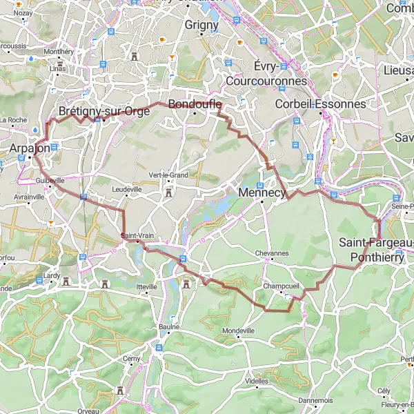 Miniature de la carte de l'inspiration cycliste "Le Circuit Gravel d'Auvernaux" dans la Ile-de-France, France. Générée par le planificateur d'itinéraire cycliste Tarmacs.app