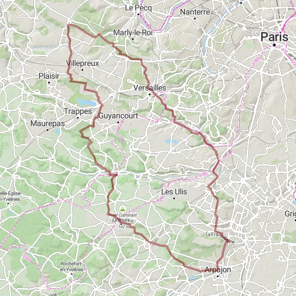 Miniature de la carte de l'inspiration cycliste "La Grande Boucle d'Arpajon" dans la Ile-de-France, France. Générée par le planificateur d'itinéraire cycliste Tarmacs.app