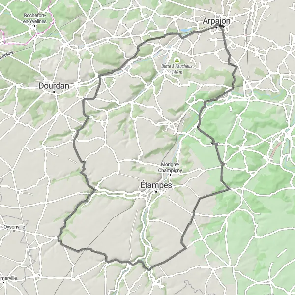 Miniature de la carte de l'inspiration cycliste "Boucle de la Vallée de la Juine" dans la Ile-de-France, France. Générée par le planificateur d'itinéraire cycliste Tarmacs.app