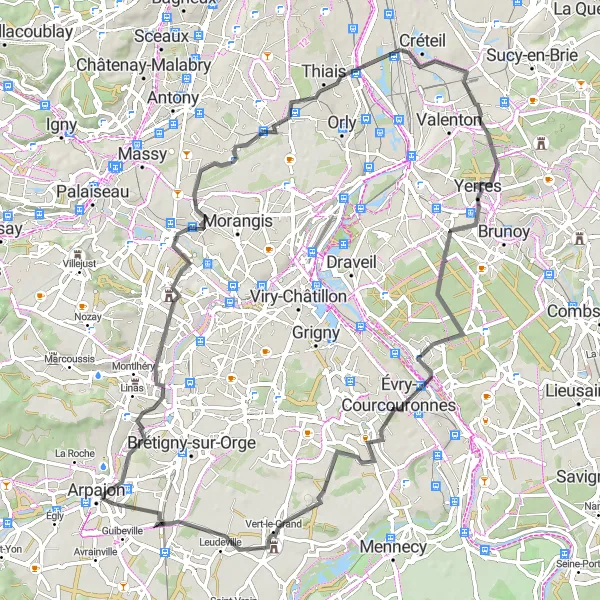 Miniature de la carte de l'inspiration cycliste "Boucle des Châteaux de l'Essonne en Road" dans la Ile-de-France, France. Générée par le planificateur d'itinéraire cycliste Tarmacs.app